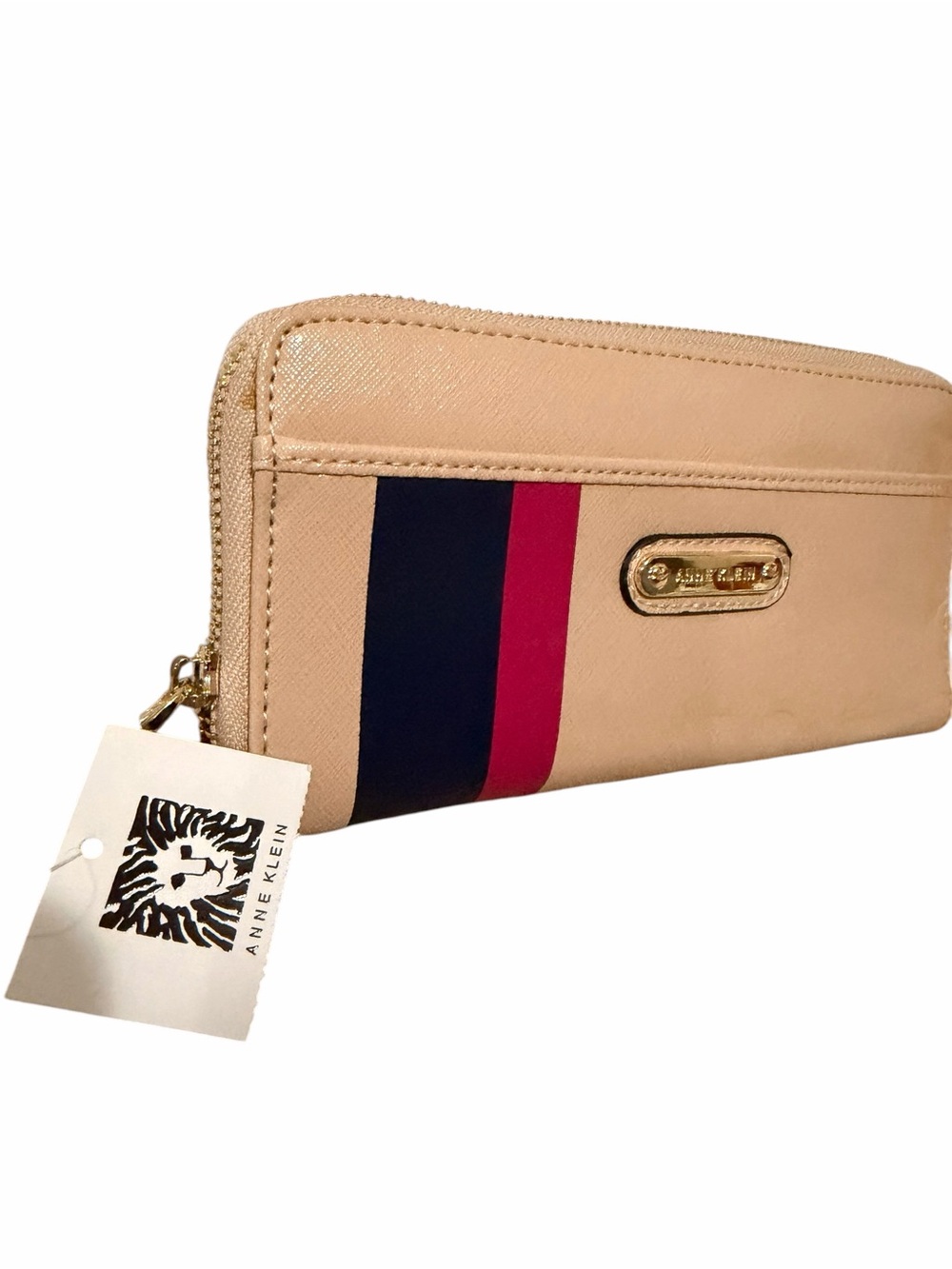 Anne Klein Tan Zip Wallet with Navy and Pink Stripes
